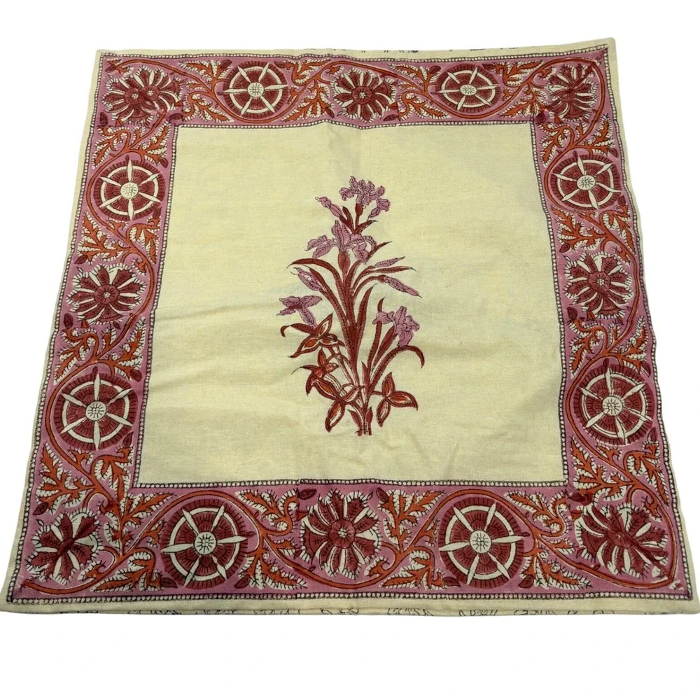 Fabindia Vintage Cotton Block Print Floral Pillow Cover 16x16 Made in India